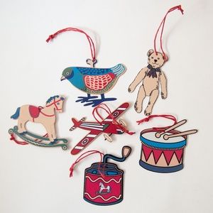Set of 6 Vintage Flat Metal Toy Christmas Ornaments | Bird Plane Horse Bear Drum